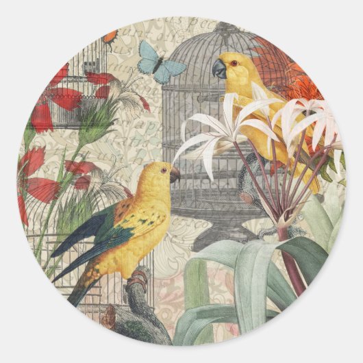Parrot Yellow Tropical Antiek Flower Ronde Sticker (Voorkant)