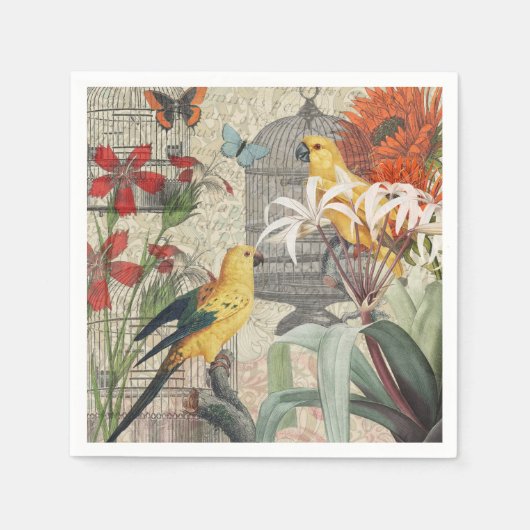Parrot Yellow Tropical Antiek Flower Servet (Voorkant)