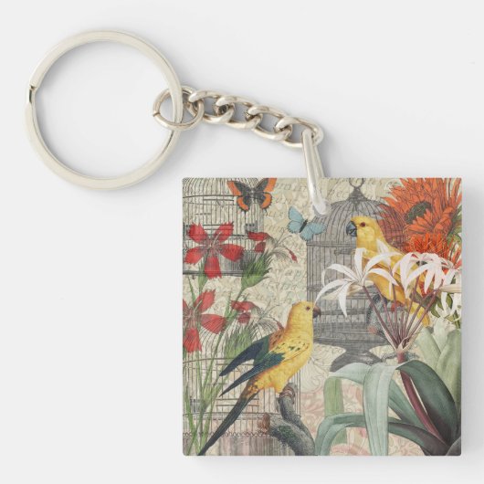 Parrot Yellow Tropical Antiek Flower Sleutelhanger (Voorkant)