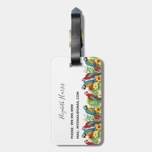 Parrots, wit rood, tropisch bagagelabel (Achterkant verticaal)