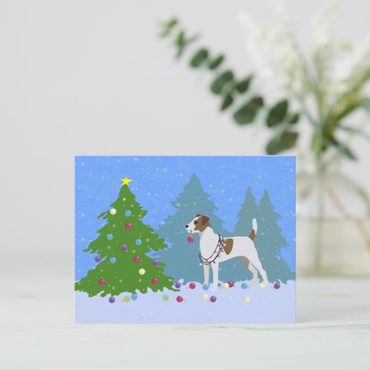 Parson Russell Terrier Decorating Christmas Tree Feestdagenkaart (Staand voorkant)