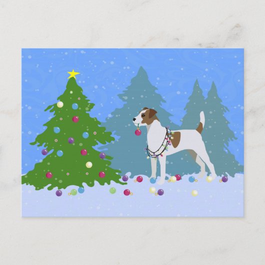 Parson Russell Terrier Decorating Christmas Tree Feestdagenkaart (Voorkant)