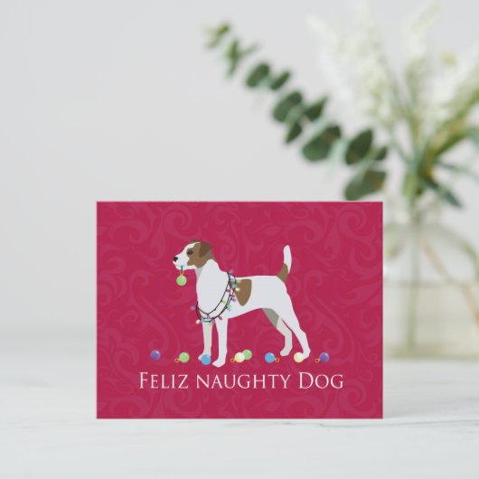 Parson Russell Terrier Feliz Naughty Dog Kerstmis Feestdagenkaart (Staand voorkant)