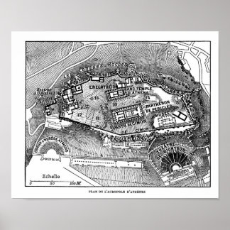 Parthenon op de kaart van Athene Poster