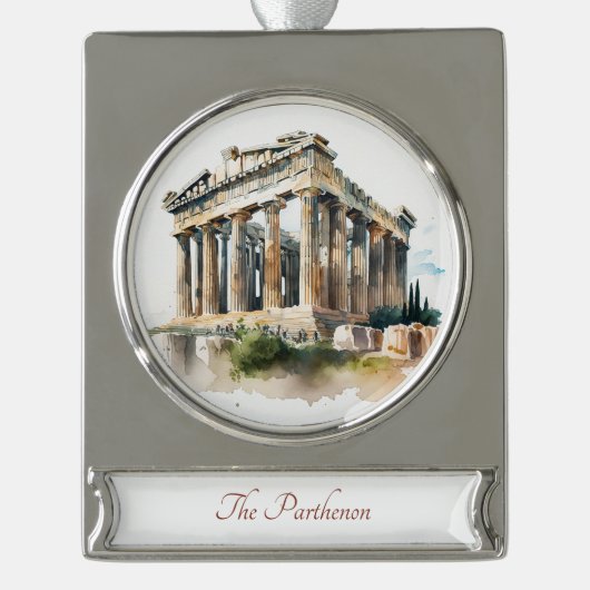 Parthenon Travel Art Waterverf Ornament Verzilverd Banner Ornament (Voorkant)