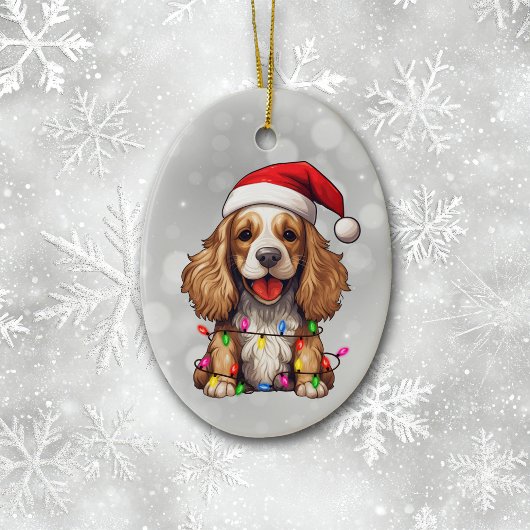Parti Cocker Spaniel verpakt in kerstverlichting Keramisch Ornament