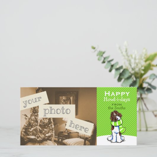 Parti Labradoodle Scarf Kerstmis Modern Green Feestdagenkaart (Staand voorkant)