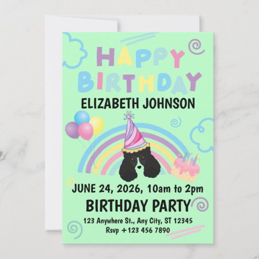 Parti Poodle Birthday Invitation in Green Kaart (Voorkant)