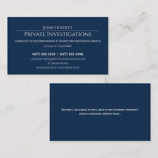 Particuliere onderzoeken | Rechercheur Deep Blue Visitekaartje (Voorkant / Achterkant)
