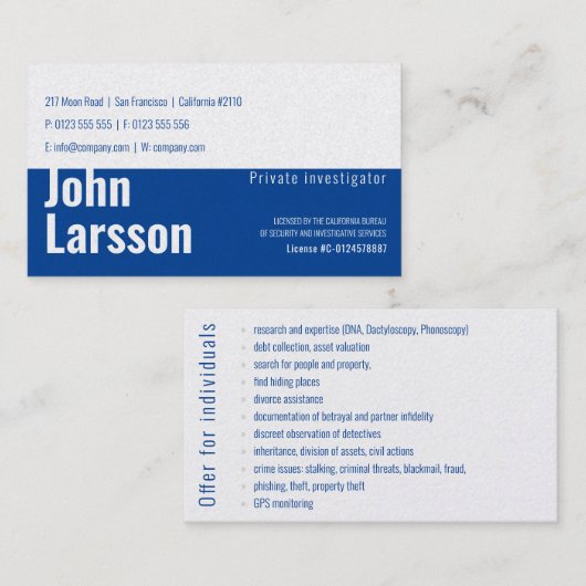 Particuliere onderzoeker | Rechercheur Deep Blue Visitekaartje (Voorkant / Achterkant)