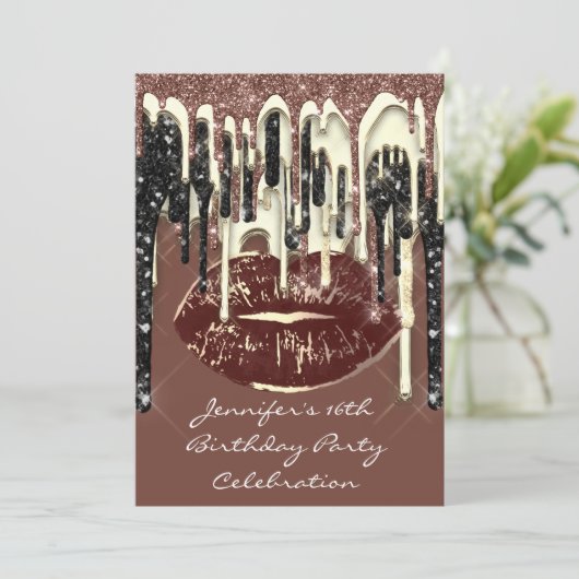 Partij 16e Lips Kiss bruine chocolade Glitter Drip Kaart (Staand voorkant)