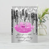 Partij 16e Rode Lips Kus Black Pink Glitter Drip Kaart (Staand voorkant)