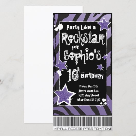 Partij als een Rockstar-Paarse uitnodiging Sjabloo (Voorkant / Achterkant)