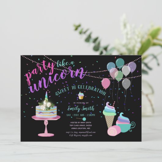Partij als een UNICORn Fun Uitnodiging OM HET EVEN (Staand voorkant)