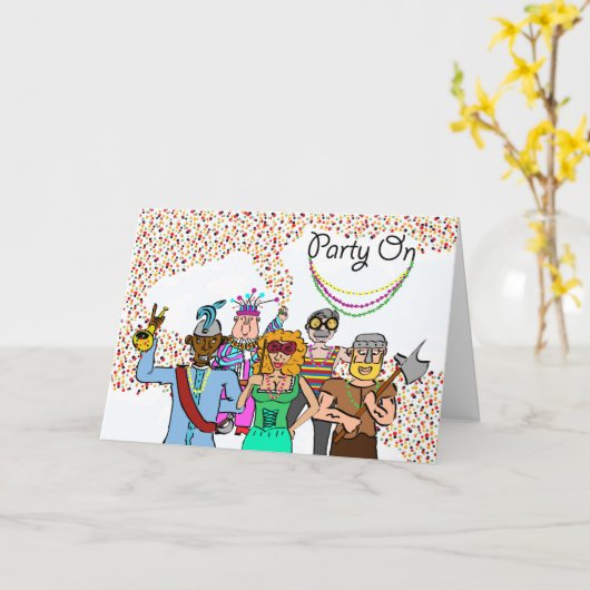 Partij bij de Mardi Gras Festive Crowd of Characte Kaart (Gele Bloem)