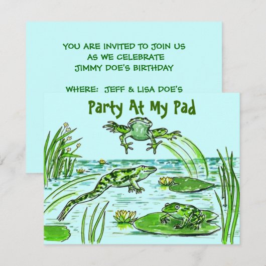 PARTIJ BIJ MIJN PAD LILY-PAD LEAPING FROGS INVITAT KAART (Voorkant / Achterkant)