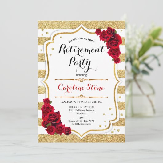 PARTIJ bij pensionering - Rozen met gouden witte s Kaart (Staand voorkant)