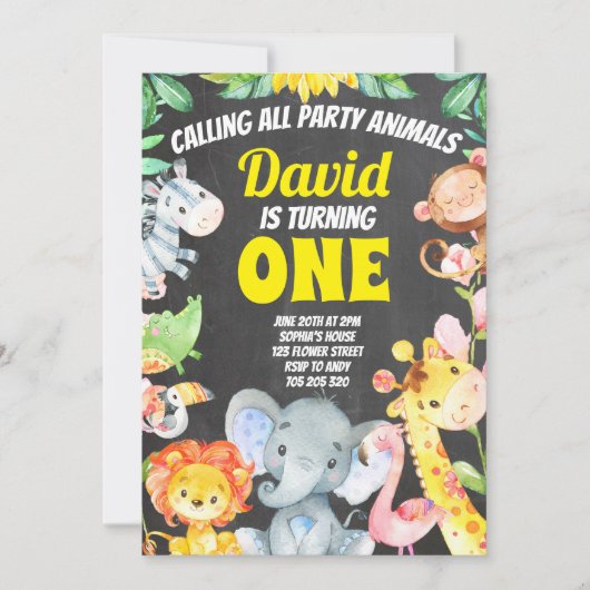 Partij Dieren Jongen Verjaardag Safari schoolbord Kaart (Voorkant)
