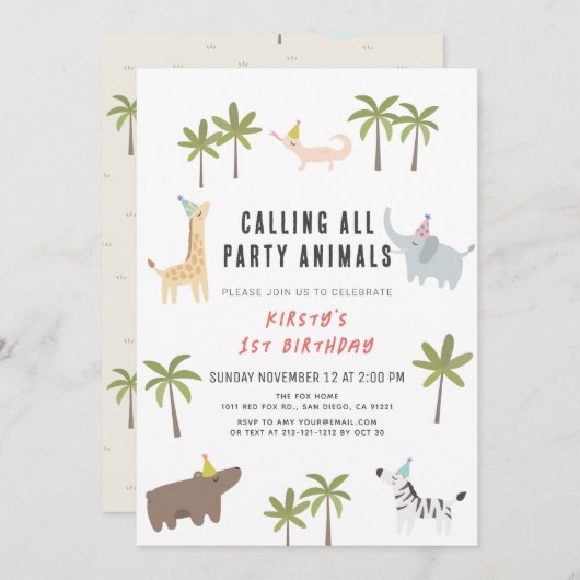 partij dieren Safari 1ste verjaardag Kaart (Voorkant / Achterkant)