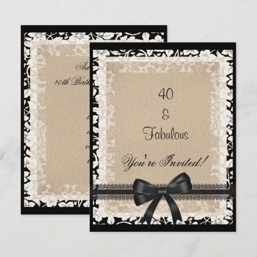 Partij Fabulous 40th Black White Beige Floral Kaart (Voorkant / Achterkant)