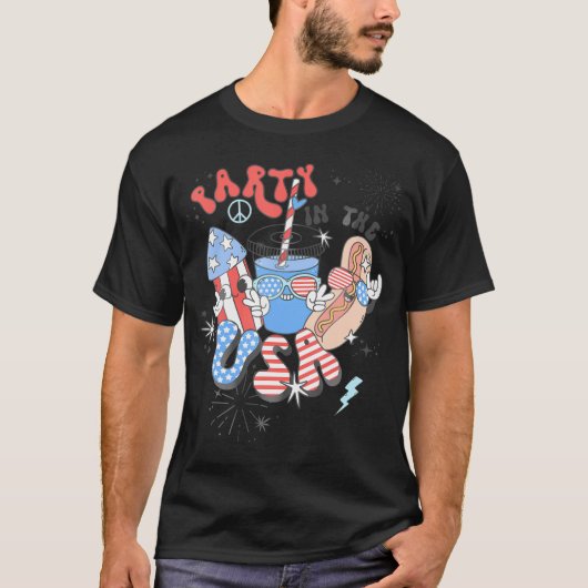 Partij in de VS vlag Groovy 4 juli Patriottisch T-shirt (Voorkant)