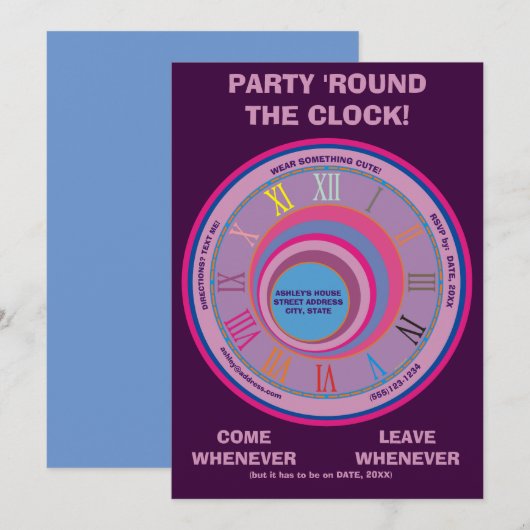 Partij nodigt 24-uurs Blauwe Paarse Roze uit Kaart (Voorkant / Achterkant)