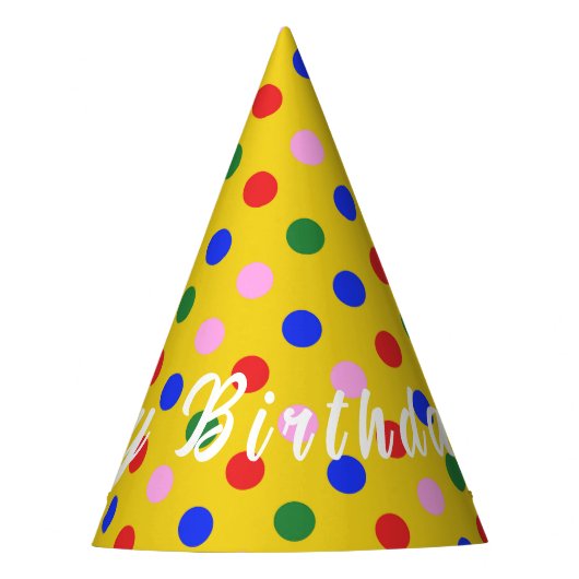 Partij Pet_yellow met kleurrijke stippen, bewerkba Feesthoedjes (Voorkant)