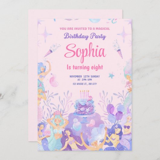 Partij roze uitnodiging voor het spelen van een ze (Voorkant / Achterkant)