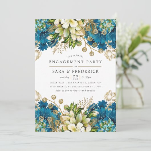 partij Turquoise en Gold Shabby Engagement Party Kaart (Staand voorkant)