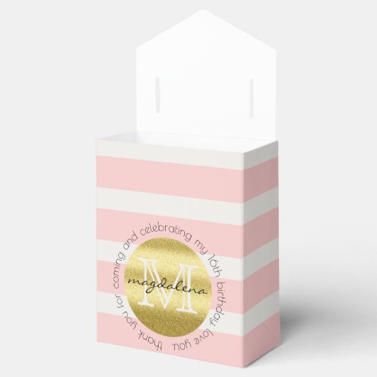 Partij voor het Monogram Gold Glitter Pink Stripes Bedankdoosjes (Geopend)