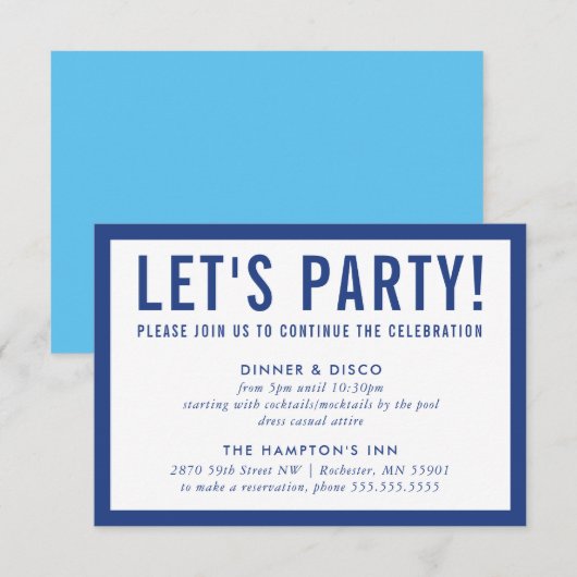 PARTIJCELEBRATIE INFO eenvoudig modern, vetblauw Kaart (Voorkant / Achterkant)