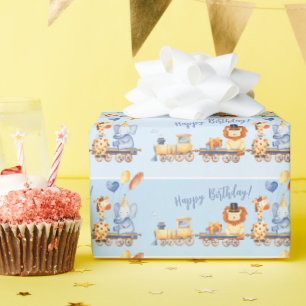 Partijdieren op Train Kind Oerwoud Happy Birthday Cadeaupapier