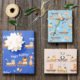 Partijdieren op Train Kind Oerwoud Happy Birthday Inpakpapier Vel