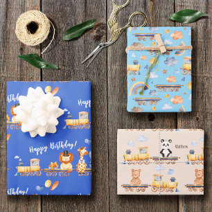 Partijdieren op Train Kind Oerwoud Happy Birthday Inpakpapier Vel