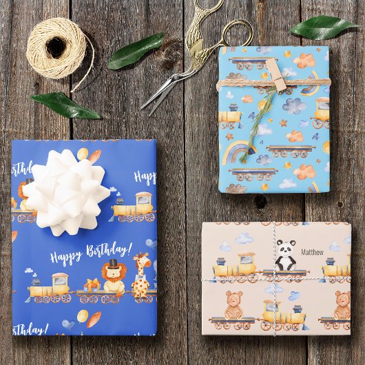 Partijdieren op Train Kind Oerwoud Happy Birthday Inpakpapier Vel