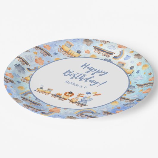 Partijdieren op Train Kind Oerwoud Happy Birthday Papieren Bordje (Gekanteld)