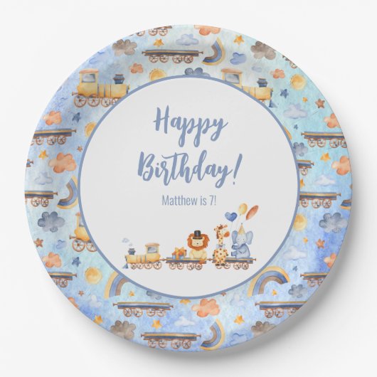 Partijdieren op Train Kind Oerwoud Happy Birthday Papieren Bordje (Voorkant)