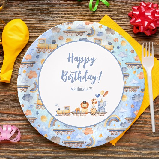 Partijdieren op Train Kind Oerwoud Happy Birthday Papieren Bordje