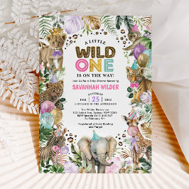 partijdieren Wilde Safari Roze Lila Baby shower I Kaart