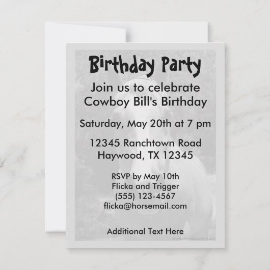 partijuitnodiging - "Bess the Party Horse" Kaart (Achterkant)