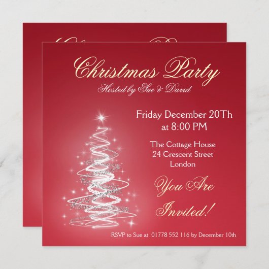 Partijuitnodiging rood met kerstboom kaart (Voorkant / Achterkant)