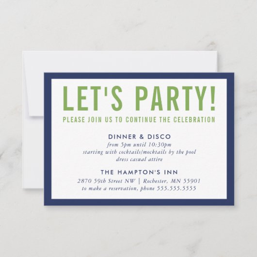 PARTITY CELEBRATION INFO modern bold navy blue gre Kaart (Voorkant)