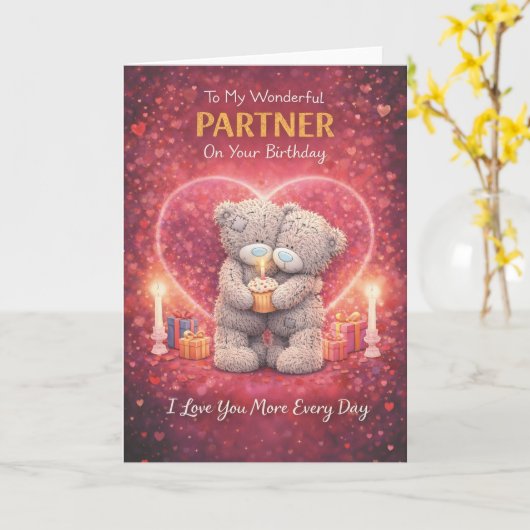 Partner Birthday Card – Romantic Bear Design Kaart (Gele Bloem)