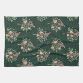 Partridge in a pear tree Christmas Carole on green Theedoek