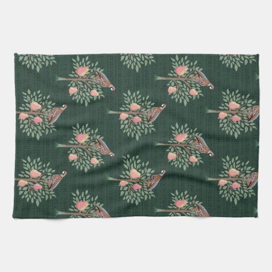 Partridge in a pear tree Christmas Carole on green Theedoek (Horizontaal)