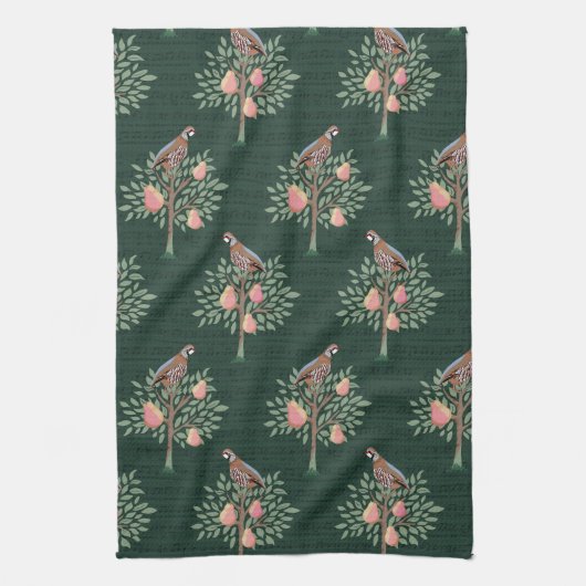 Partridge in a pear tree Christmas Carole on green Theedoek (Verticaal)