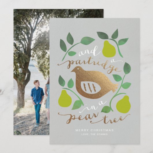 Partridge in een paarse kerstkaart met Label (Voorkant / Achterkant)