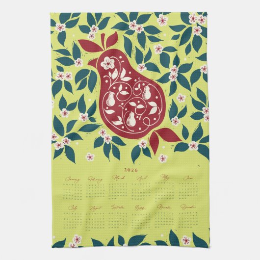 Partridge Pear Tree 2026 Calendar - Bartlett Green Theedoek (Verticaal)