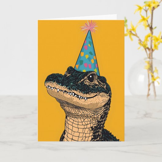 party-alligator | Verjaardagsfeest Fun Kaart (Gele Bloem)