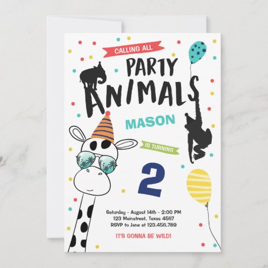 Party Animal Birthday Invitation Zoo Wild Black Kaart (Voorkant)